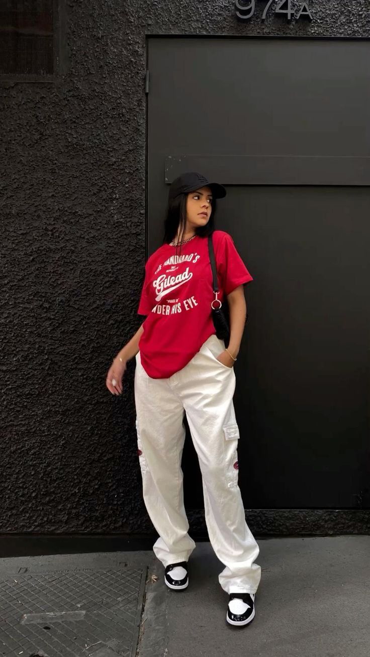 Bold Red Tee with White Cargo Pants and Jordans